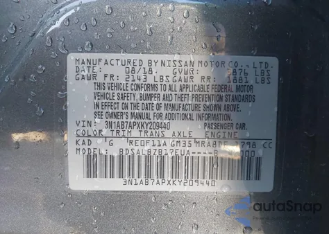 2019 Nissan Sentra S z USA, uszkodzony, nr VIN 3N1AB7APXKY209440